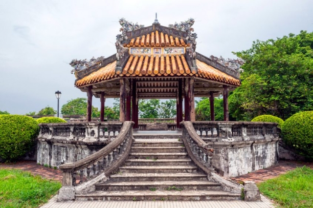 This pavilion is on the grounds of the Purple Forbidden City, the Nguyen Dynasty imperial residence, in Hue.