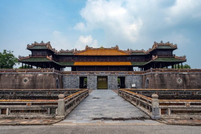 The Meridian Gate (Ngọ Môn) is the principal entrance to the Vietnamese Imperial Citadel in Hue.
