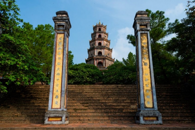 The Buddhist Thien Mu Pagoda, founded in 1601, sits on the banks of the Perfume River